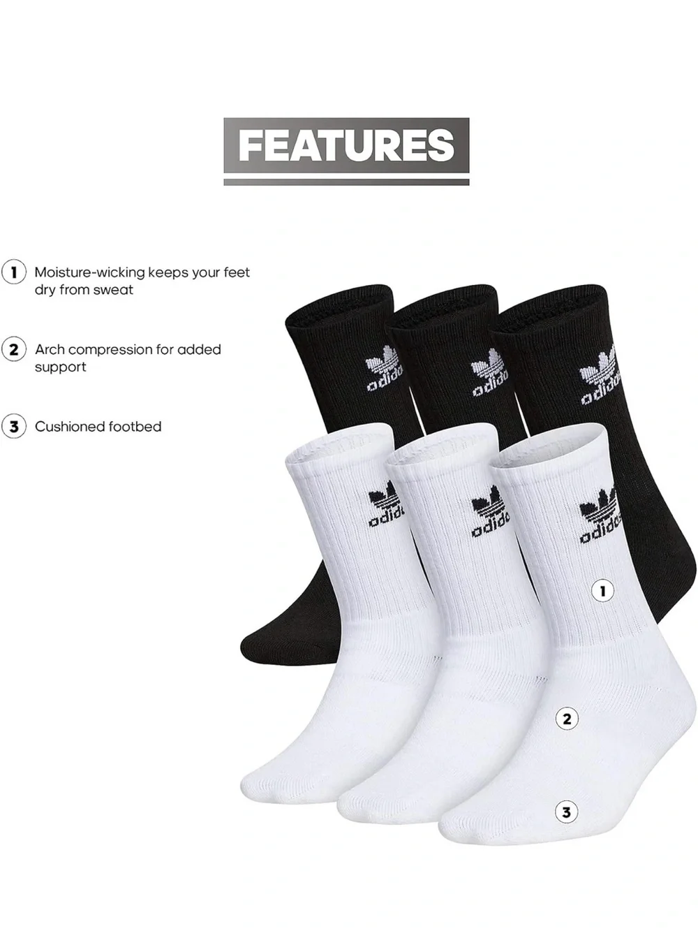 adidas Kids 6-Pack Crew Socks in Black & White - Large (5Y-7Y)